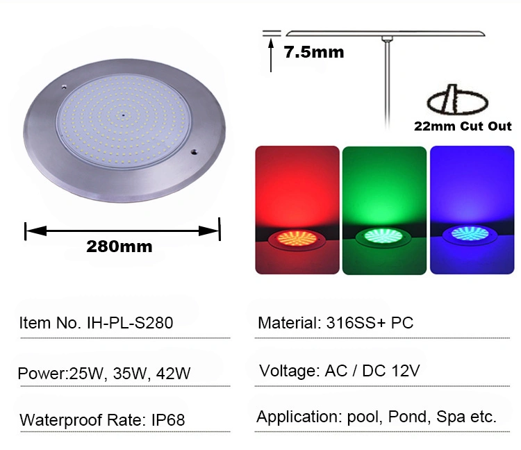 IP68 Waterproof Super Thin Slim 7.5mm DC12V AC12V 316 Stainless Steel White 280mm 35W Underwater LED Swimming Pool Light